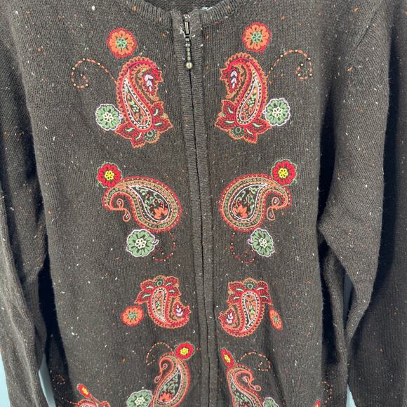 Vintage Croft & Barrow Embroidered Paisley Zip Cardigan Brown Sweater Size XL - Picture 4 of 10